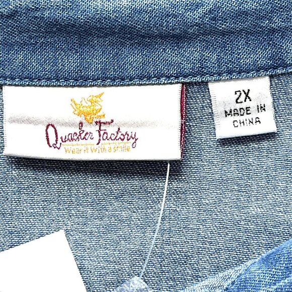 Quacker Factory Denim Button Up Top 2X Rhinestones Bling Western NEW - Picture 4 of 7